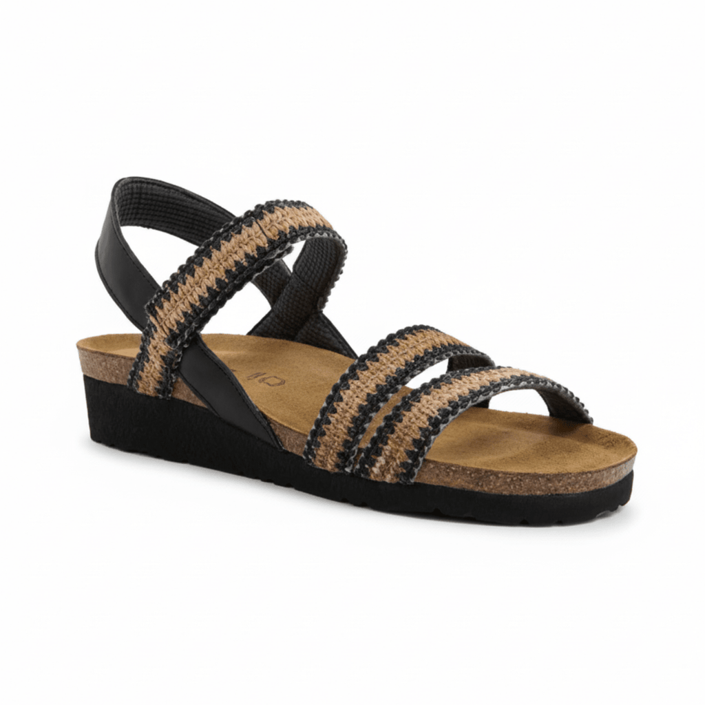 Naot Women's Kayla Jet Black Leather/Black/Brown Raffia
