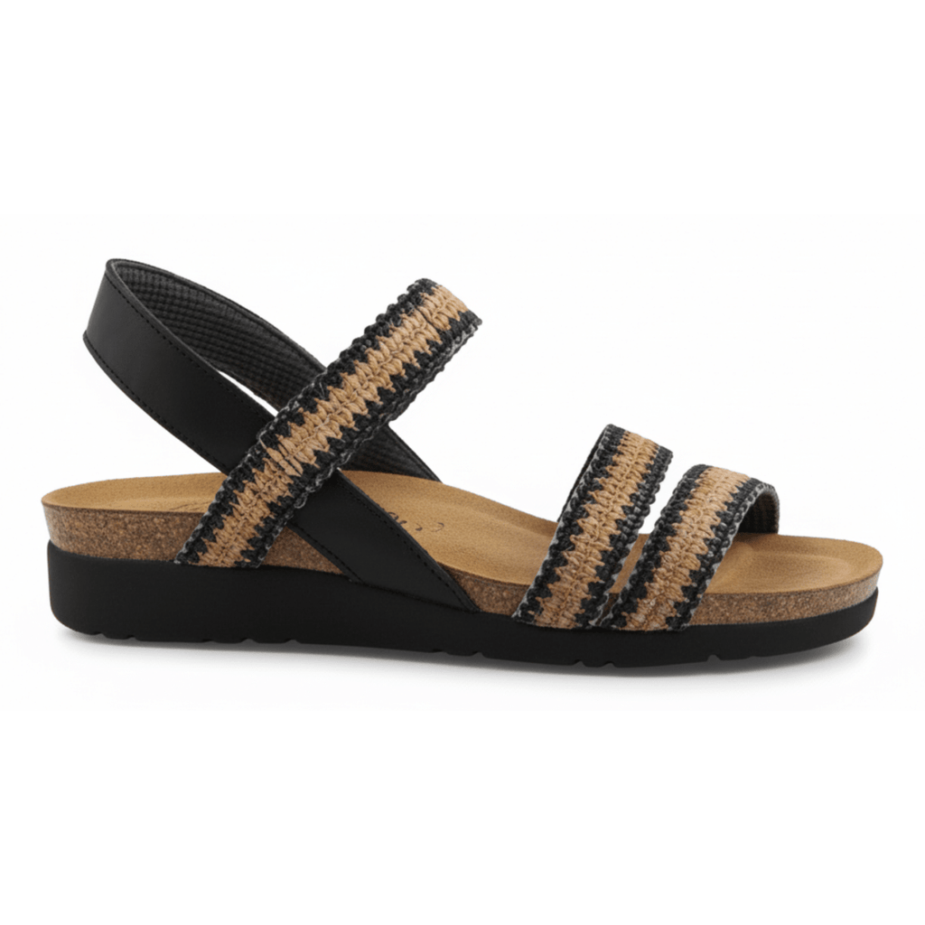 Naot Women's Kayla Jet Black Leather/Black/Brown Raffia