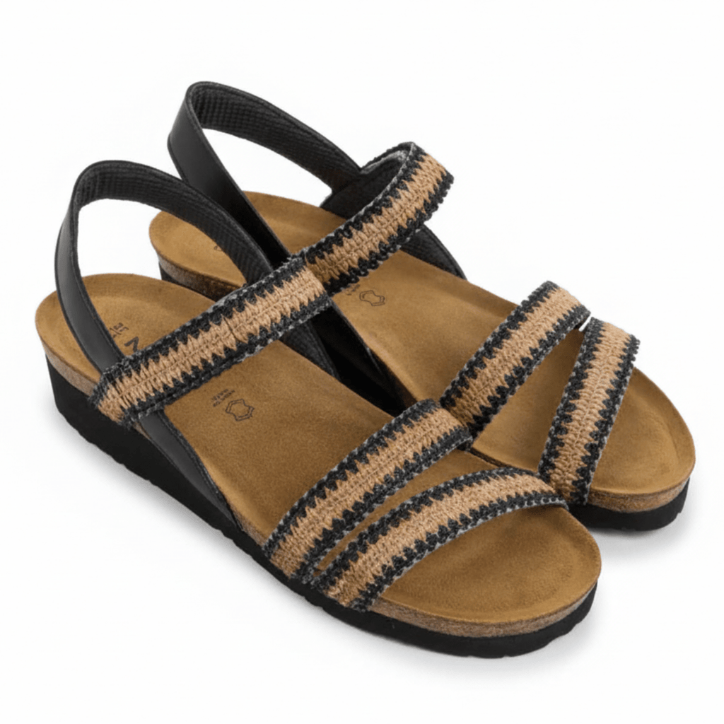 Naot Women's Kayla Jet Black Leather/Black/Brown Raffia