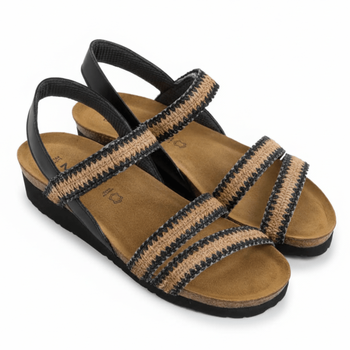 Naot Women's Kayla Jet Black Leather/Black/Brown Raffia