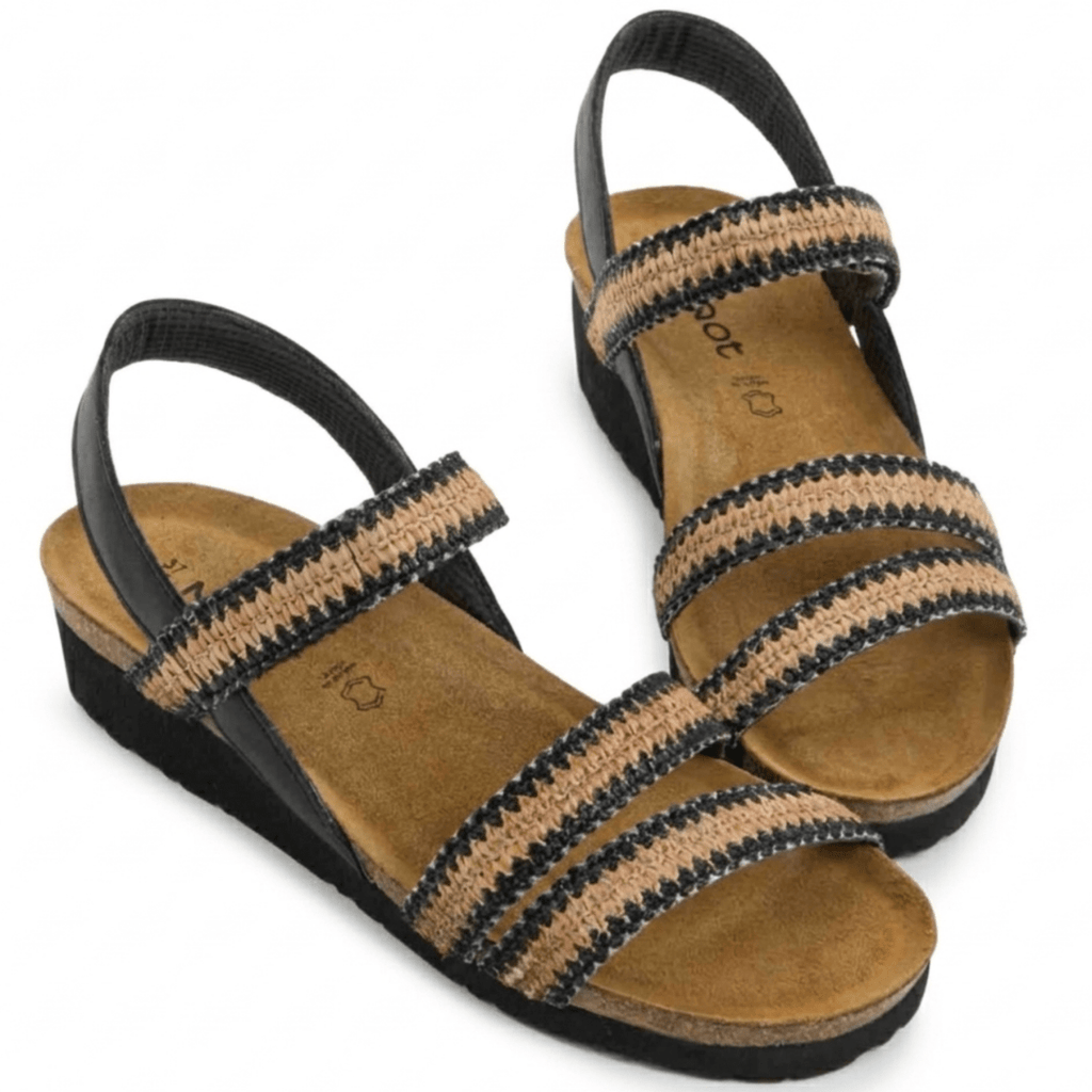 Naot Women's Kayla Jet Black Leather/Black/Brown Raffia