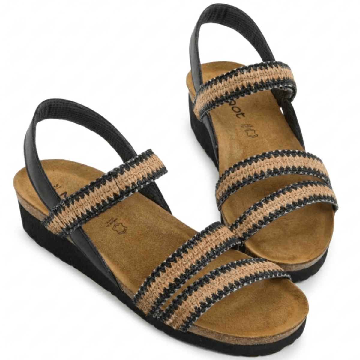 Naot Women's Kayla Jet Black Leather/Black/Brown Raffia