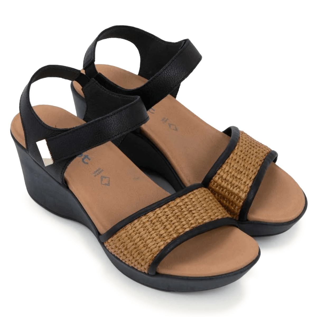 Naot Women's Summer Raffia Soft Black Leather/Gold Brown Raffia
