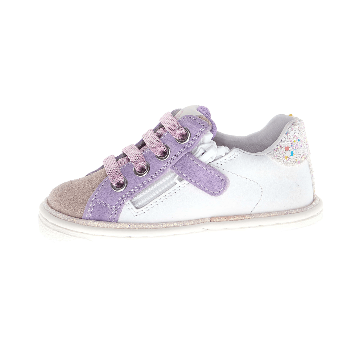 Naturino Girls (Sizes 28-34) Pinn Zip White Leather/Purple Suede/Pink Glitter