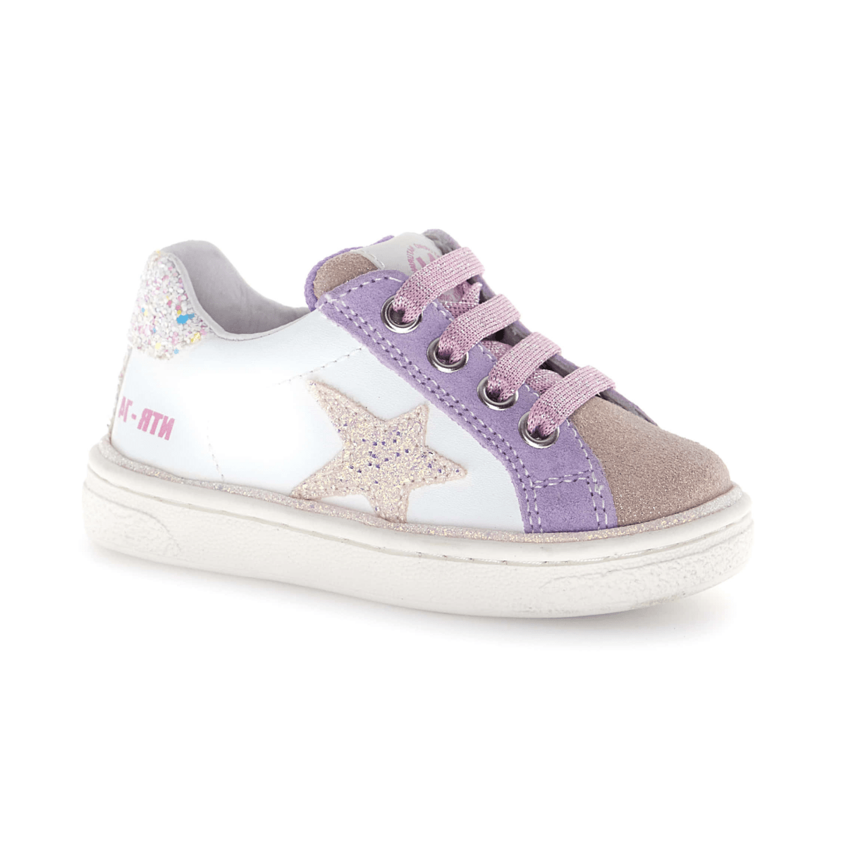 Naturino Girls (Sizes 28-34) Pinn Zip White Leather/Purple Suede/Pink Glitter
