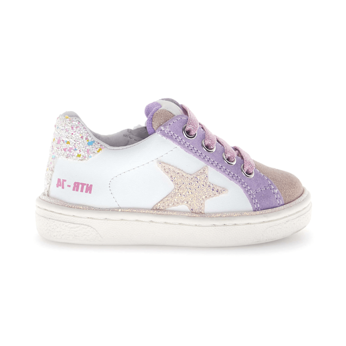 Naturino Girls (Sizes 28-34) Pinn Zip White Leather/Purple Suede/Pink Glitter